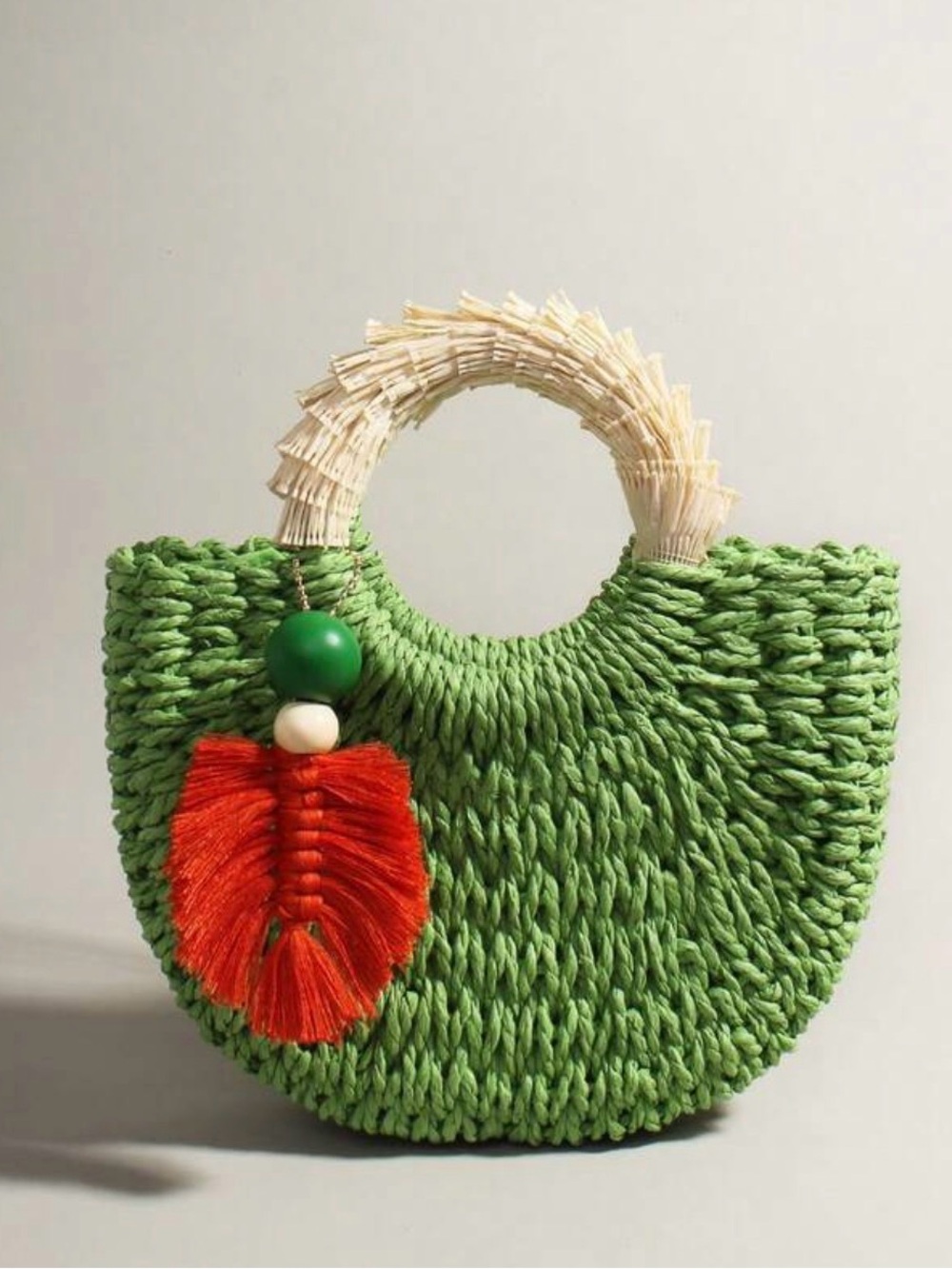 Green Woven Tote with Orange Tassel Charm